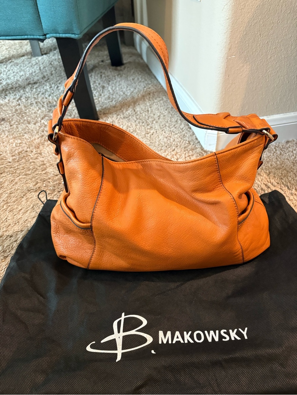 b. makowsky Orange Leather Shoulder Hobo - Picture 2 of 11